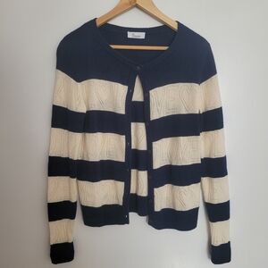 Wool Cashmere Navy Cream Cardigan Striped LOVE Embroidered Y2K Size S